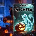 BlissYard Happy Meoween Halloween Garden Flag Autumn Flag Ghost Cat Pumpkin 12x18 Inch Spooky Night Scene Double Sided Outdoor Banner For Front Yard Porch Lawn Patio Seasonal Home Decor Display - Image 3