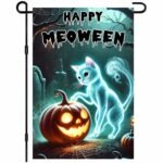 BlissYard Happy Meoween Halloween Garden Flag Autumn Flag Ghost Cat Pumpkin 12x18 Inch Spooky Night Scene Double Sided Outdoor Banner For Front Yard Porch Lawn Patio Seasonal Home Decor Display