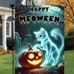 BlissYard Happy Meoween Halloween Garden Flag Autumn Flag Ghost Cat Pumpkin 12x18 Inch Spooky Night Scene Double Sided Outdoor Banner For Front Yard Porch Lawn Patio Seasonal Home Decor Display - Image 4