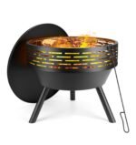 PWSOMJ 23 Inch Cast Iron Round Fire Pit with Grill, 3-in-1 Outdoor Fire Bowl, Fire Pit Table with Metal Lid and Fire Poker, Wood Burning Firepit for BBQ Bonfire Patio Picnic