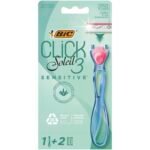 Bic Click 3 Soleil Sensitive Refillable Women's Razor, 30% Recycled Plastic Handle and 3-Blade Refills - Box of 1+2