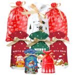 Christmas Drawstring Gift Wrapping Bags - 28pcs Assorted Size Xmas Present Bags Reusable Large Gift Goody Bags for Christmas Party