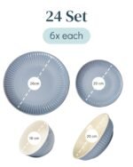 24-Piece Dinnerware Set - Bowl and Plate Set - Stoneware Dining Set for 6 People - Dishwasher and Microwave Safe - Grooved Dining Service in Grey-Blue - Image 7