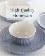 24-Piece Dinnerware Set - Bowl and Plate Set - Stoneware Dining Set for 6 People - Dishwasher and Microwave Safe - Grooved Dining Service in Grey-Blue - Image 4