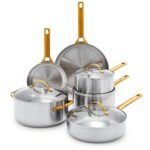 GreenPan Stainless Steel Tri-Ply Reserve 10 Piece Cookware Pots and Pans Set, Multiclad, PFAS-Free, Induction, Oven & Broiler Safe to 600°F, Heat Responsive Core, Dishwasher Safe, Glass Lids