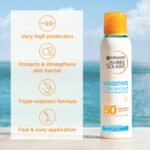 Garnier Ambre Solaire SPF 50+ Sensitive Advanced Dry Mist Sun Cream Spray, Water Resistant & Non Greasy Sunscreen, Fragrance Free, UVA & UVB Protection, 150ml - Image 8