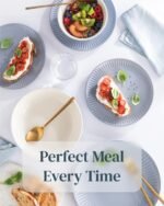 24-Piece Dinnerware Set - Bowl and Plate Set - Stoneware Dining Set for 6 People - Dishwasher and Microwave Safe - Grooved Dining Service in Grey-Blue - Image 6