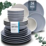 24-Piece Dinnerware Set - Bowl and Plate Set - Stoneware Dining Set for 6 People - Dishwasher and Microwave Safe - Grooved Dining Service in Grey-Blue