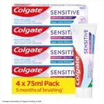 Colgate Sensitive Instant Relief Repair + Gentle Whitening Toothpaste | Instant* and Long-Lasting** Sensitivity Relief | Protective Layer with Calcium** | Fluoride Toothpaste | 4 Pack, 75ml Tubes