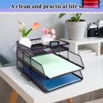 2 Tier Mesh in Trays，Stackable Office Desk Tidy File Holder with Top Stationery Holder，Paper Document Letter Trays for Office School and Home Black - Image 4