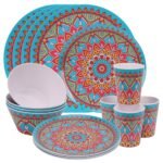 Trimming Shop 16pcs Melamine Dinner Set | Plates, Dessert Plates, Bowls & Cups | Moroccan Dinner Set | Party Dinnerware | Service for 4 | Reusable Dinnerware Set for Indoor, Outdoor, Picnic & Camping